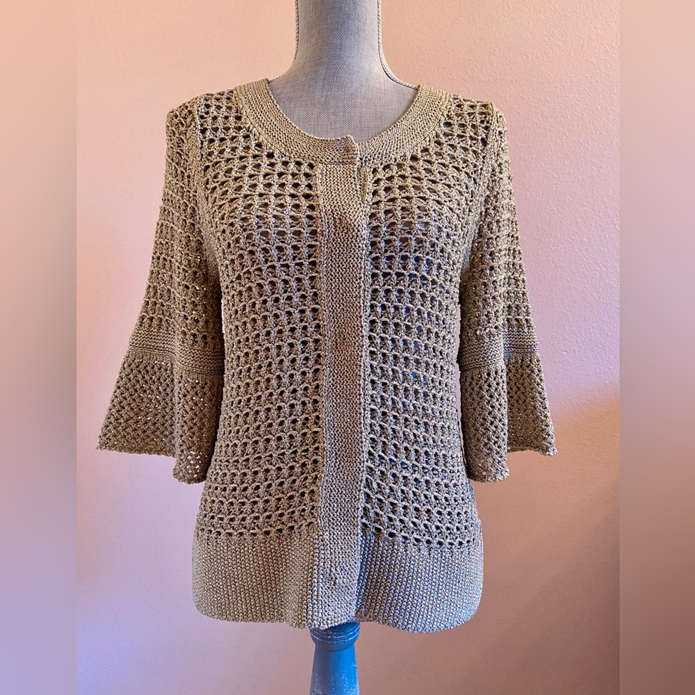 NEW Tahari metallic gold/tan boho crochet knit cardigan NWT Size SM Retail $248